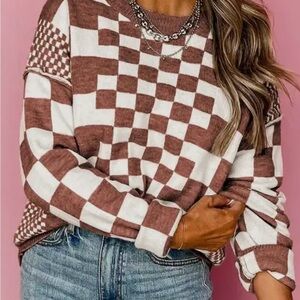 Checkered Brown and White Crewneck Sweater